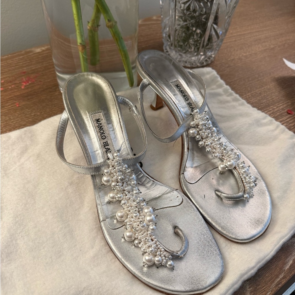Manolo Blahnik Silver Heels with Pearl Details